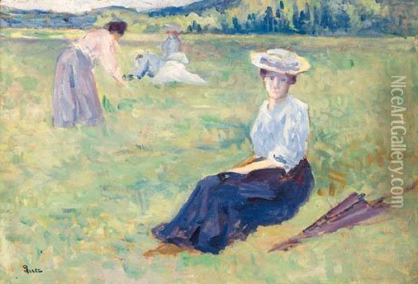 A Rest In The Meadow Oil Painting - Maximilien Luce