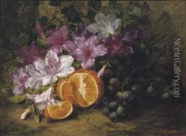 Blue Grapes An Orange And Purple Rhododendrons Oil Painting - Margaretha Roosenboom