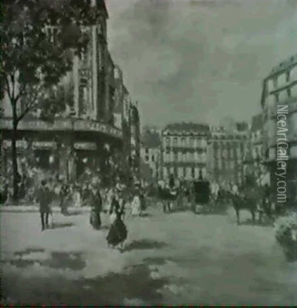 Pariser Strassenszene Mit Zahlreichen                       Passanten Und Kutschen Oil Painting - Carlo Brancaccio