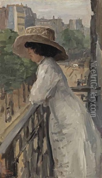 An Elegant Lady On A Balcony, Rue De Clignancourt, Paris Oil Painting - Isaac Israels