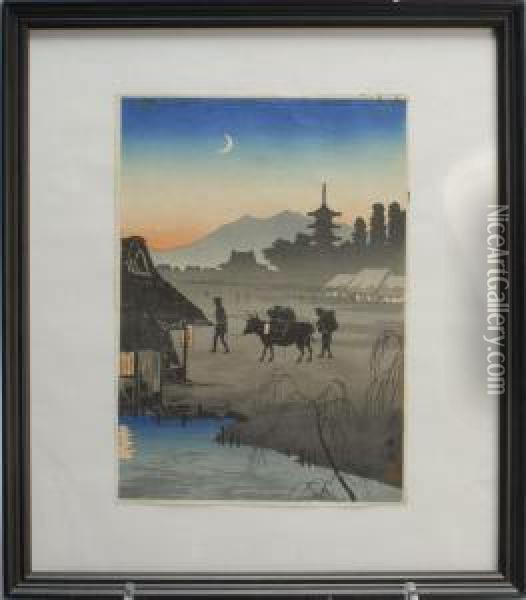 Village At Sunset With Crescent Moon, Water Buffalo, And Peasant Figures Oil Painting - Hiroaki Shotei