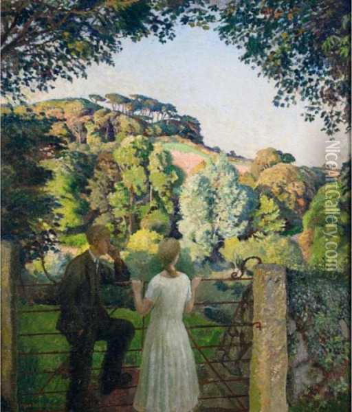 Midge Bruford And Her Fiance At Chywoone Hill, Newlyn Oil Painting - Harvey Harold