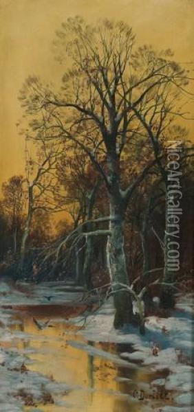 Zwei Romantische Landschaften: Herbst Und Winter Oil Painting - C. Dorlitt