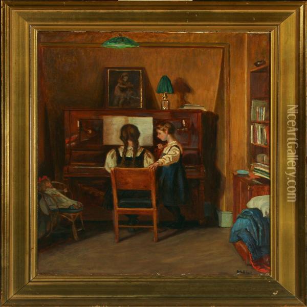 Interior With Girls And Dolls At The Piano Oil Painting - Marianne Host