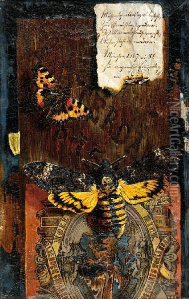 Still Life With A Redadmiral Butterfly Oil Painting - Hermann J. Gottlieb Kricheldorf