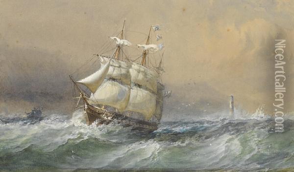 A British Frigate Running Down The Channel Inheavy Seas And Reducing Sail As She Passes The Eddystonelighthouse Oil Painting - Sir Oswald Walter Brierly