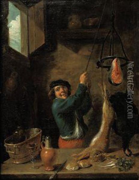 A Kitchen Interior With A 
Peasant Holding A Hare, A Partridge And Afillet Of Salmon By A Rope Oil Painting - David The Younger Teniers