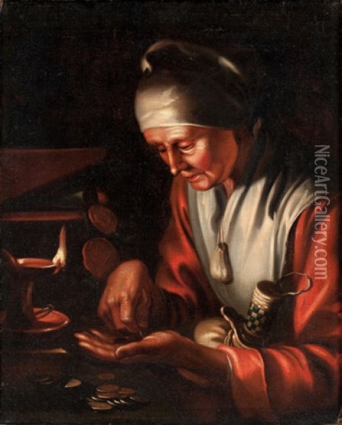 Old Woman Counting Money (allegory Of Avarice) Oil Painting - Gerrit Van Honthorst