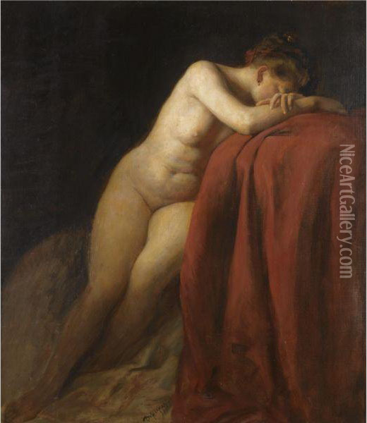 Madchenakt Mit Rotem Tuch (nude With Red Drape) Oil Painting - Franz Von Defregger