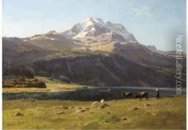 A Swiss Alpine Lake Oil Painting - Johann Joseph Geisser