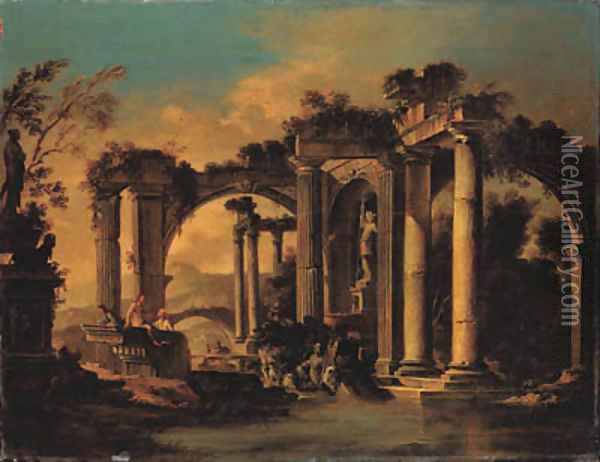 Capricci of lakeside classical ruins with peasants Oil Painting - Viviano Codazzi