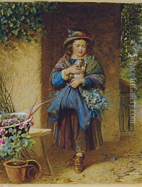 A Young Girl Holding A Rabbit And Carrying Flowers Oil Painting - Joseph Vincent Gibson