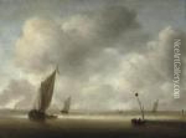 A Calm With Fishing Boats And Fishermen In The Foreground Oil Painting - Willem van Diest