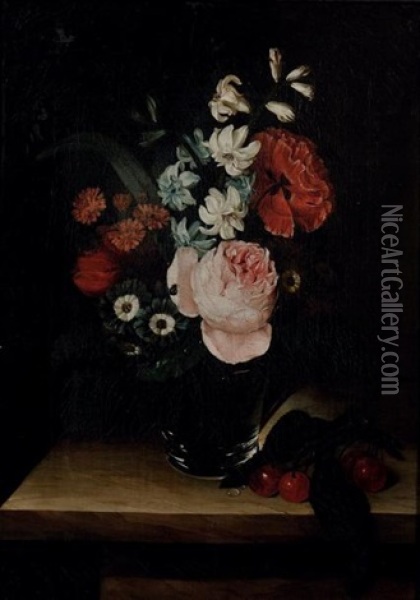 Fleurs Dans Un Verre Sur Un Entablement Avec Des Cerises Oil Painting - Caroline Friederike Friedrich