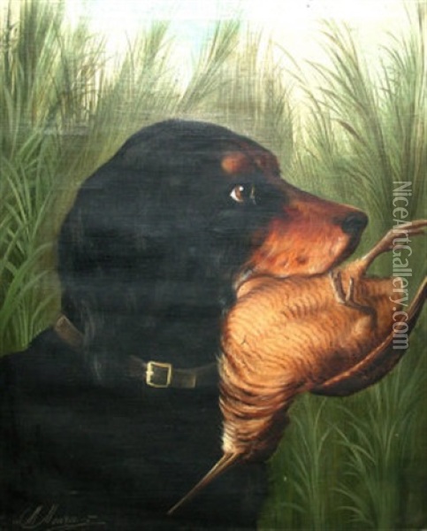 Game Dog Retrieving Fowl (+ Another; Pair) Oil Painting - Michelangelo Meucci