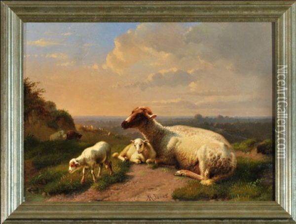 Schaf Mit Zwei Lammern Auf Der Weide Mit Blick In Eine Weite Landschaft Oil Painting - Daniel-Adolphe-Robert Jones