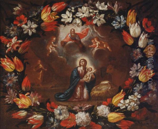 Holy Mary With A Floral Wreath Oil Painting - Mario Nuzzi Mario Dei Fiori