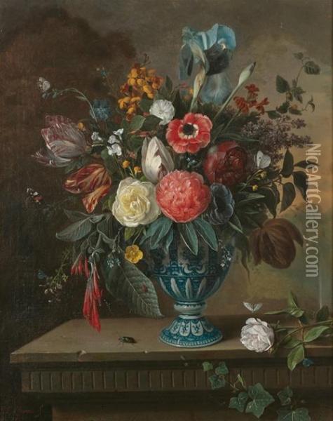 Still Life With Tin-glazed Blue And White Vase With Flowers Oil Painting - Eugene Pierre Claveau