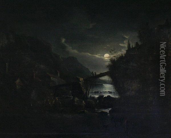 Moonlit River, With Figures Crossing A Bridgetowards Houses Oil Painting - Aert van der Neer