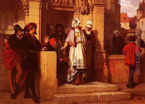 Faust and Mephistopheles Waiting for Gretchen at the Cathedral Door Oil Painting - Wilhelm Koller