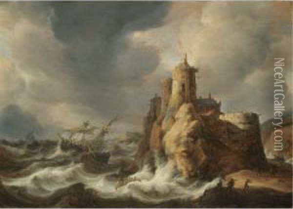 Shipping In A Storm Beneath A Clifftop Castle Oil Painting - Jan Abrahamsz. Beerstraaten