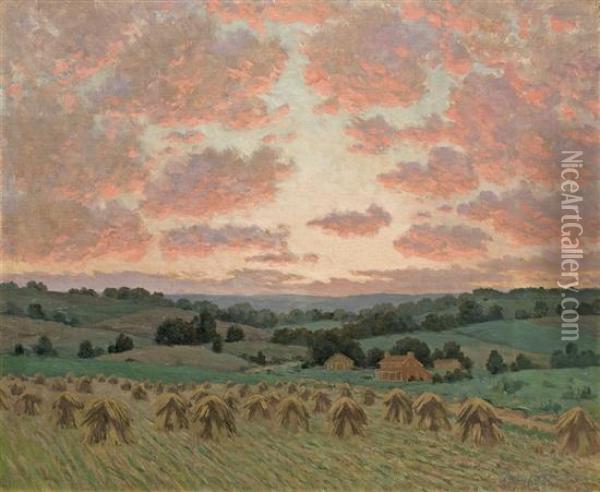 Pink Sky Over The Haystacks Oil Painting - William Anderson Coffin
