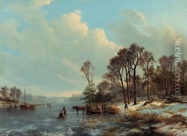 A Frozen Waterway With Figures And Foresters Oil Painting - Barend Cornelis Koekkoek