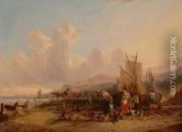 Fisherfolk On The Shore. Oil Painting - William Joseph Shayer