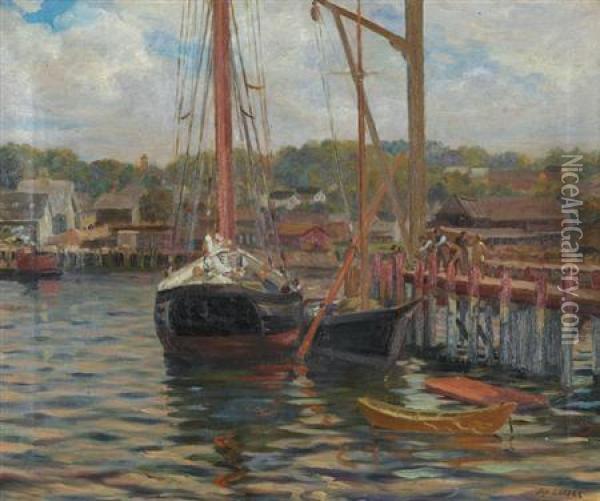 Setting The Mast, Gloucester,massachusetts Oil Painting - Joseph Lauber
