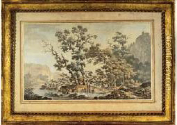 Paysage Lacustre Aux Lavandieres Oil Painting - Jean-Baptiste Tierce