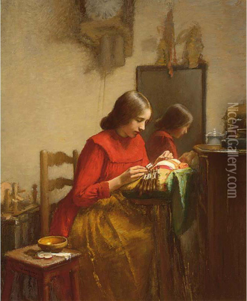 An Interior With A Girl Making Lace Oil Painting - Leon Delachaux