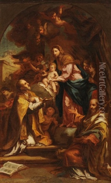 Maria Mit Kind Und Den Heiligen Filippo Neri Und Nikolaus Von Bari Oil Painting - Sebastiano Conca