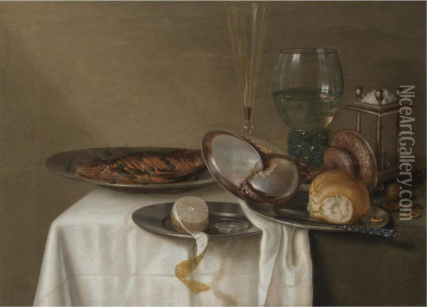 A Still Life With A Half-peeled Lemon On A Pewter Dish, A Dried Fish With Capers, A Wine Glass, Roemer, Triangular Salt Cellar And A Nautilus-shell Cup On A Table Covered With A Dark Cloth And White Napkin Oil Painting - Maerten Boelema De Stomme