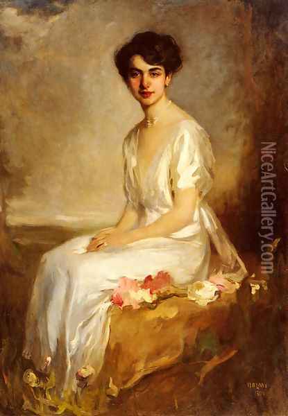Portrait of an Elegant Young Woman in a White Dress Oil Painting - Artur Lajos Halmi