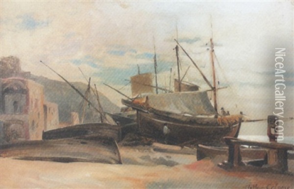 Strandpartie Mit Fischerbooten Und Kleiner Hafenstadt Oil Painting - Jean-Baptiste-Arthur Calame