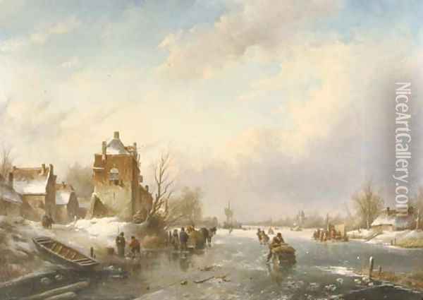 A winter landscape with skaters, a koek en zopie beyond Oil Painting - Jan Jacob Spohler