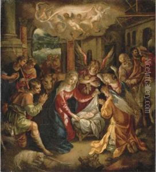 The Adoration Of The Shepherds With The Annunciation To Theshepherds Beyond Oil Painting - Hendrick De Clerck
