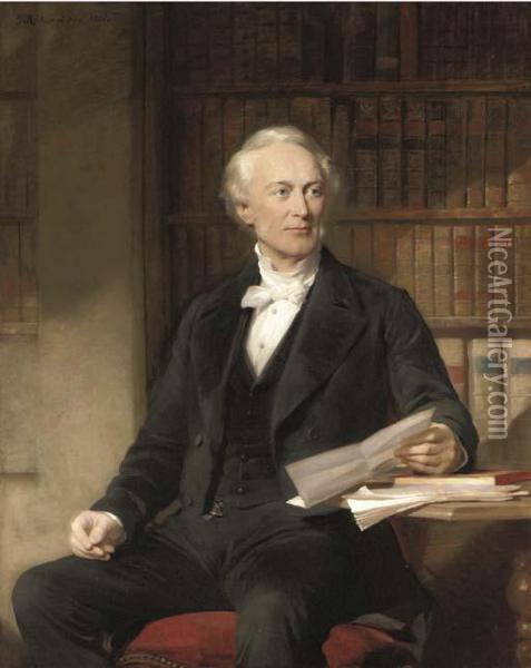 Portrait Of Octavius Wigram, 
Three-quarter-length, Seated In Ablack Suit, Holding A Letter, In A 
Library Oil Painting - George Richmond