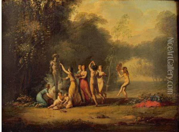 Paysage Avec Sacrifice Antique Oil Painting - Jacques Antoine Vallin