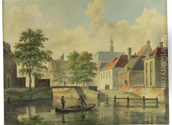 Two Figures In A Rowing Boat On The Krayenhorstergracht,haarlem Oil Painting - Bartholomeus J. Van Hove