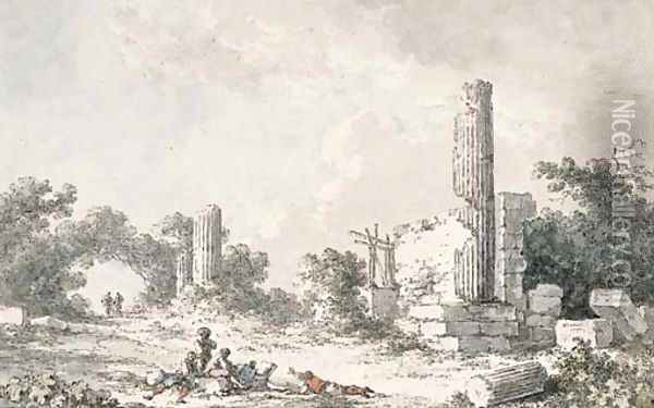 The ruins of the Temple of Castor and Pollux, Agrigento, with artists sketching Oil Painting - Claude Louis Chatelet