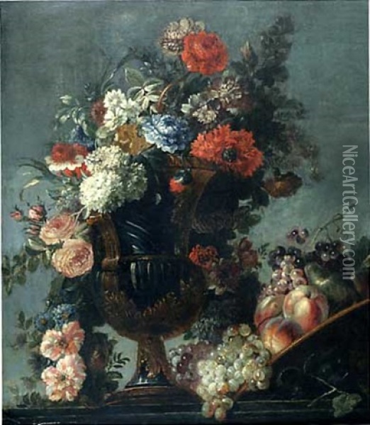 Nature Morte Au Vase Et Fleurs Et Coupe De Fruits Oil Painting - Louis Belin de Fontenay