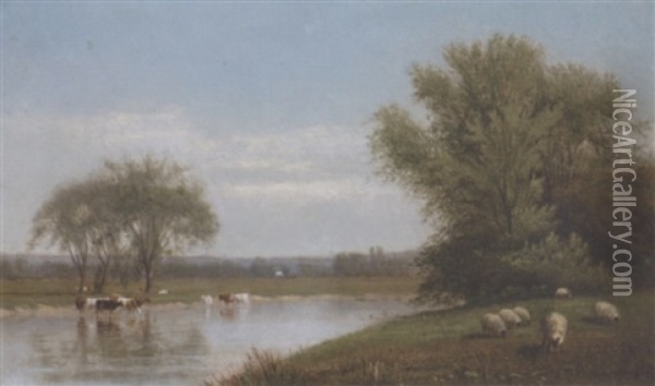 Cattle And Sheep In A River Landscape Oil Painting - Clinton Loveridge