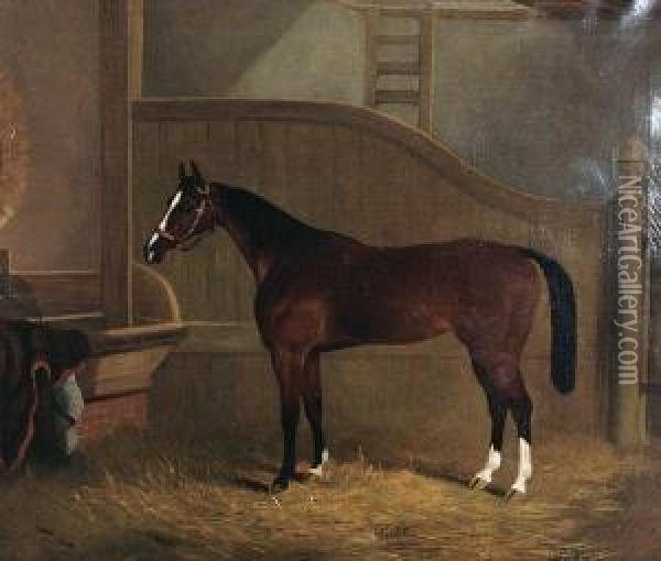 'violet' - A Chestnut Horse Standing In Astable Oil Painting - C. Tanner
