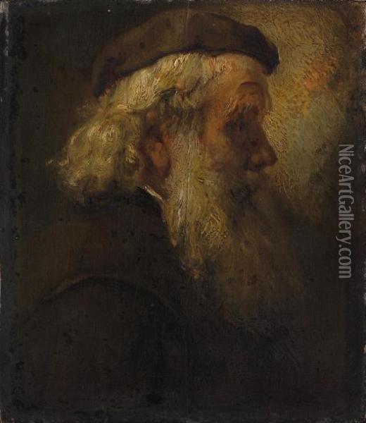 A Bearded Man, Bust-length, In Profile, In A Cap Oil Painting - Rembrandt Van Rijn