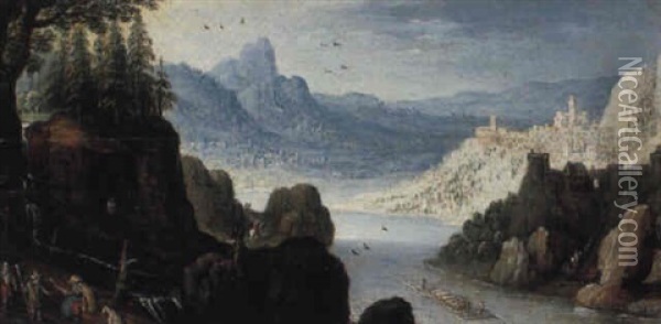 A Mountainous River Landscape With Loggers In The Foreground Oil Painting - Marten Ryckaert