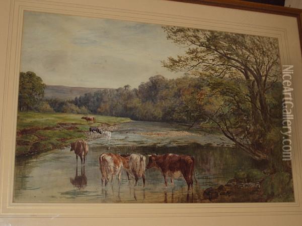 Cattle Watering At A Riverside, In A Landscape Oil Painting - Squire Howard