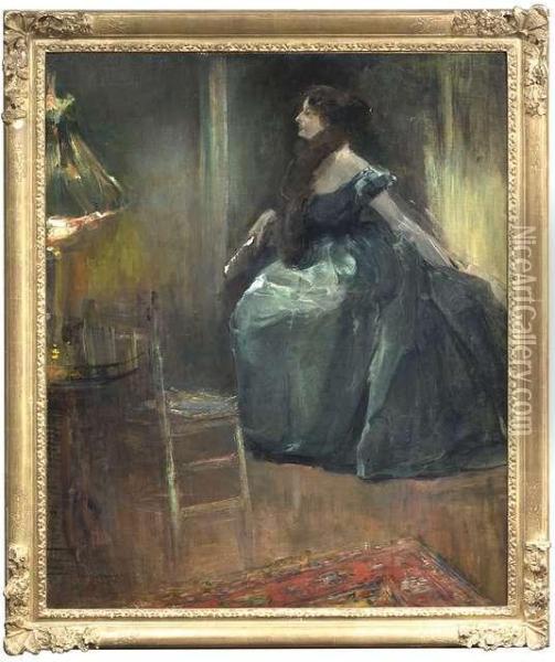 Borchardt, Hans. Interior With A Lady Wearing An Evening Dress Oil Painting - Hans Borchardt