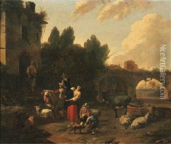An Italianate Landscape With Herdsmen And Cattle Halting By A Ruined Mansion Oil Painting - Dirk van Bergen