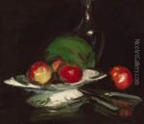 Still Life With A Bowl Of Fruit, Melon And Carafe Oil Painting - Samuel John Peploe